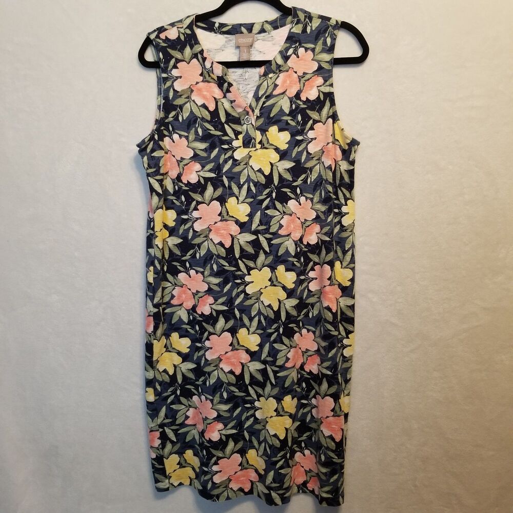 Chicos 1 (M) Dress Floral Shift Rhinestone Button V Neck Jersey Knit Cottagecore